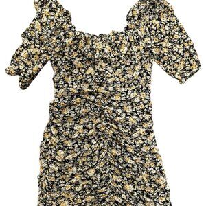 ASTR Floral Dusty Ruffle Neck Ruched Dress